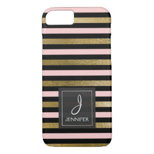 Coque iPhone 8/7 Rose, noir et monogramme rayé de feuille d'or