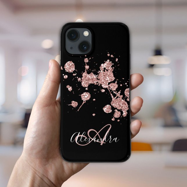Coques Case-Mate iPhone Rose noire paillettes dorées Monogramme (Elegant Black Rose Gold Glitter Sparkles Monogram Case-Mate iPhone Case)