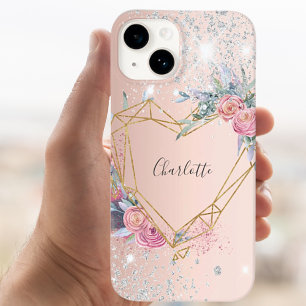 Coque Case-Mate iPhone Rose or argent parties scintillant fleuri nom mono