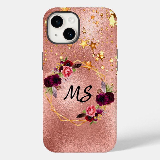 Coques Case-Mate iPhone Rose or bouillon bordeaux or étoiles monogramme (Verso)
