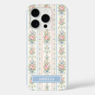 Coque iPhone 16 Pro Rose Pâle Bleu Aquarelle Floral Rayé