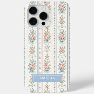 Coque Case-Mate iPhone Rose Pâle Bleu Aquarelle Floral Rayé