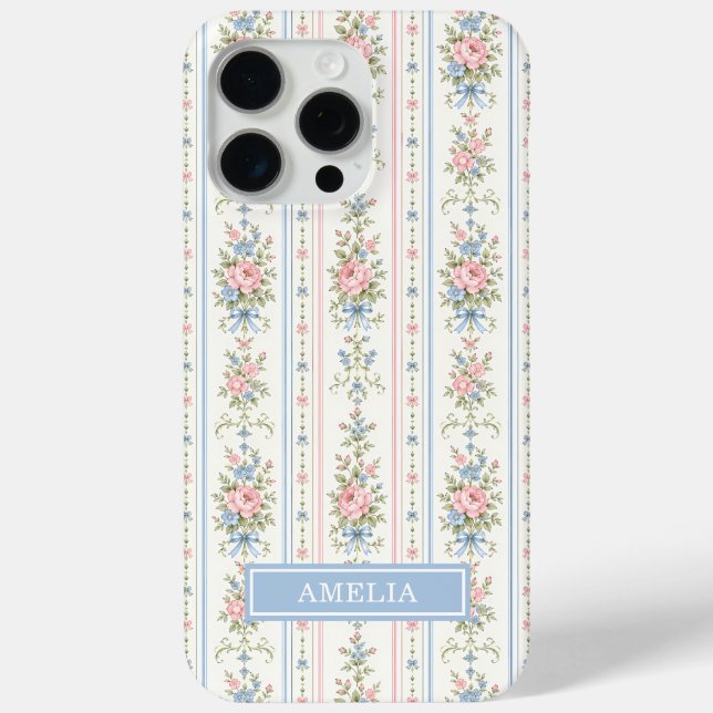 Coques Case-Mate iPhone Rose Pâle Bleu Aquarelle Floral Rayé (Verso)
