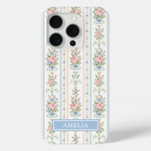 Coque Case-Mate iPhone Rose Pâle Bleu Aquarelle Floral Rayé