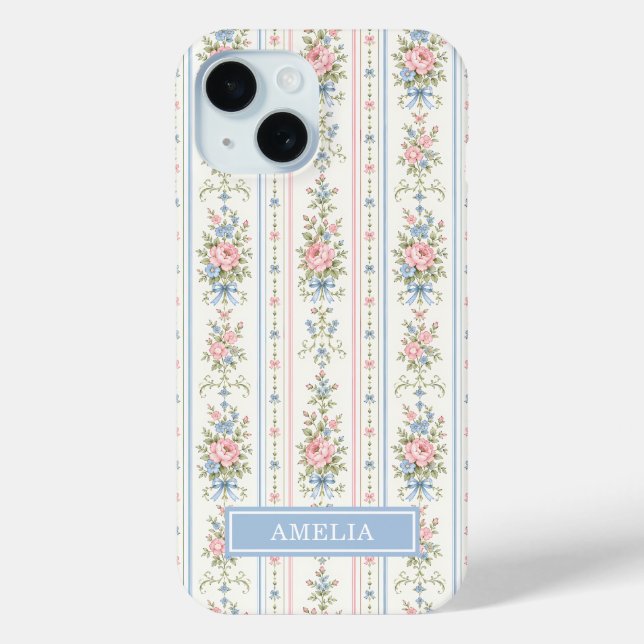 Coques Case-Mate iPhone Rose Pâle Bleu Aquarelle Floral Rayé (Verso)