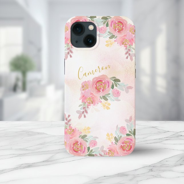 Coques Case-Mate iPhone Rose pâle | Floral Roses Élégant Ajouter Votre Nom (Blush Pink | Floral Roses Elegant Add Your Name Case-Mate iPhone Case)