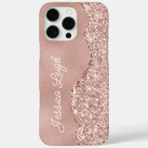 Coque iPhone 16 Pro Max Rose Parties scintillant or Bordure Nom du monogra