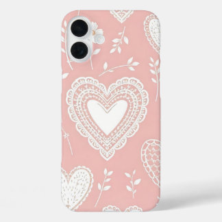 COQUE POUR iPhone 16 PLUS ROSE PASTEL AUX COEURS BLANCS ET FLEURS