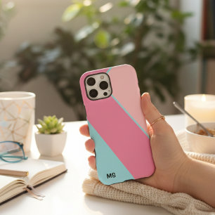 Coque iPhone 16 Pro Max Rose pastel et bleu abstrait monogrammé moderne