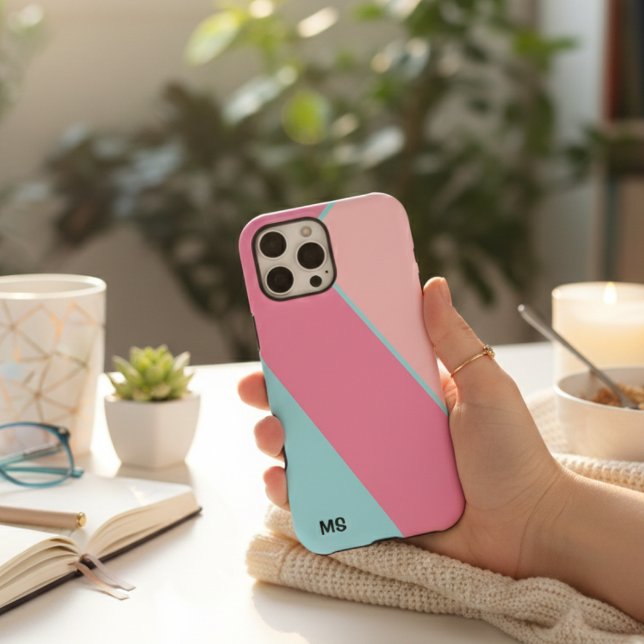 Coques Case-Mate iPhone Rose pastel et bleu abstrait monogrammé moderne  (Créateur téléchargé)