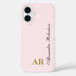 Coque Pour iPhone 16 Rose pastel Monogramme Élégant Or Noir