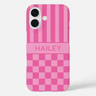 Coque Pour iPhone 16 Rose personnalisé à carreaux et rayures