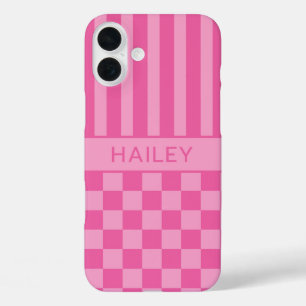Coque Pour iPhone 16 Plus Rose personnalisé à carreaux et rayures