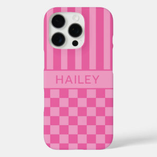 Coque iPhone 16 Pro Rose personnalisé à carreaux et rayures