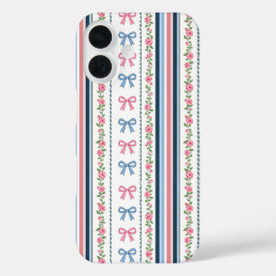 Coque Pour iPhone 16 Rose Préparatoire Bleu Coquette Nœuds Florales Ray