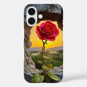 Coque Pour iPhone 16 Rose qui pousse d'un trou dans un mur de pierre