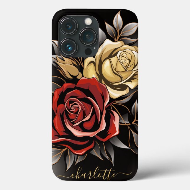 Coques Case-Mate iPhone Rose Rouge Élégante Fleur Or Noir (Verso)