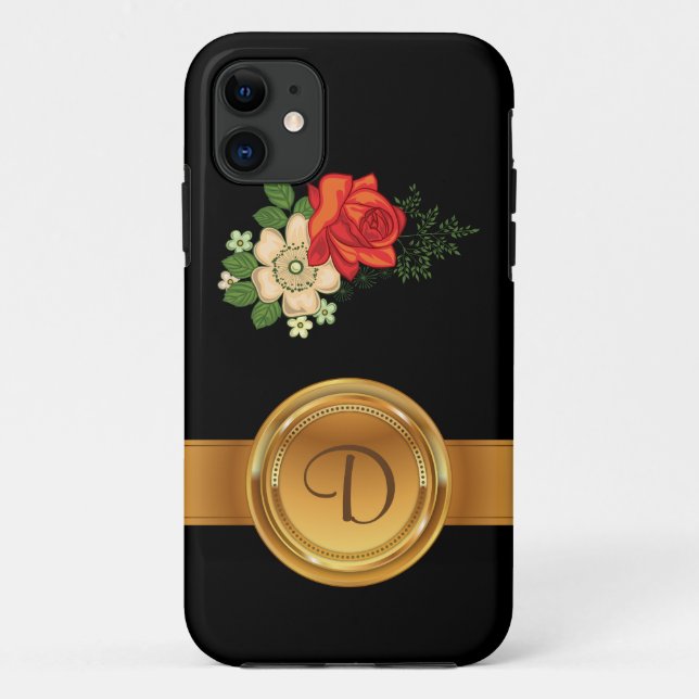 Coques Case-Mate iPhone Rose rouge et marguerites Nom du monogramme d'or (Dos)
