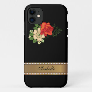 Coque iPhone 11 Rose rouge et marguerites nom personnalisé or