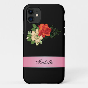Coque iPhone 11 Rose rouge et marguerites roses 2 nom personnalisé