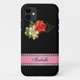 Coque iPhone 11 Rose rouge et marguerites roses Nom personnalisé