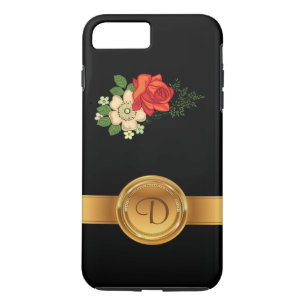 Coque iPhone 7 Plus Rose rouge et nom en monogramme oré sur fond de ma