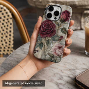 Coque iPhone 16 Pro Rose rouge et papillon shabby chic vintage