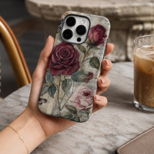 Coque iPhone 16 Pro Rose rouge et papillon shabby chic vintage