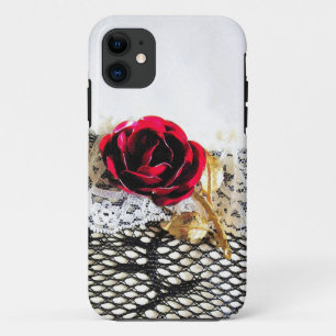 Coques Pour iPhone Rose rouge romantique et dentelle blanche