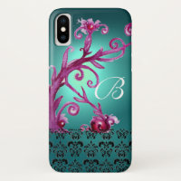 ROSE TURQUOISE BLEU FLORAL SWIRLS, BLACK DAMASK MO
