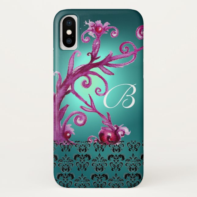 COQUES Case-Mate iPhone ROSE TURQUOISE BLEU FLORAL SWIRLS, BLACK DAMASK MO (Dos)