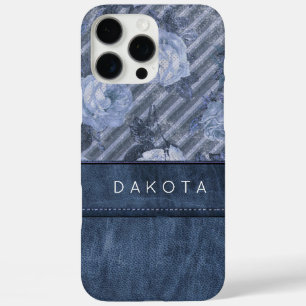 Coque iPhone 16 Pro Max Rose vintage épices   Cuir floral bleu foncé