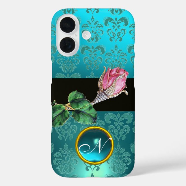 COQUES Case-Mate iPhone ROSEBUD ROSE ROSE, BLEU TURQUOISE DAMASK GEM MONOG (Verso)