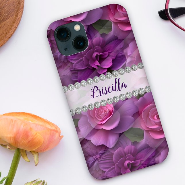 Coques Case-Mate iPhone Roses 3D violets et roses, cadre diamant personnal (Créateur téléchargé)