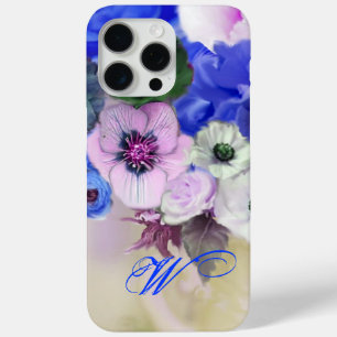 COQUE Case-Mate iPhone ROSES BLANCHES BLEUES ET FLEURS ANÉMONE MONOGRAMME