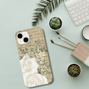 Coque Case-Mate iPhone Roses blanches de feuillage botanique vintage écri
