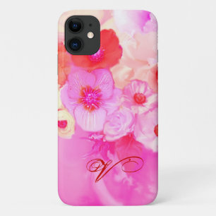 COQUE Case-Mate iPhone ROSES BLANCHES ROUGES ET ANÉMONES PINK MONOGRAMME