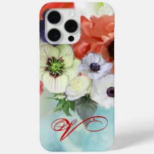 COQUE iPhone 15 PRO MAX ROSES BLANCHES ROUGES ET FLEURS ANÉMONE MONOGRAMME