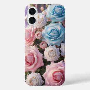 Coque Pour iPhone 16 Plus Roses Bleu Clair, Blanc et Rose