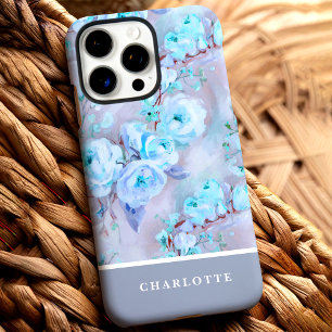 Coque iPhone 16 Pro Max Roses Bleu tendance Nom personnalisé Floral