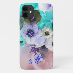 COQUES POUR iPhone ROSES BLEU TURQUOISE ET FLEURS D'ANÉMONE BLANCHES