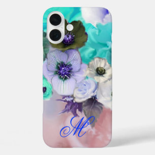 COQUE POUR iPhone 16 PLUS ROSES BLEU TURQUOISE ET FLEURS D'ANÉMONE BLANCHES 