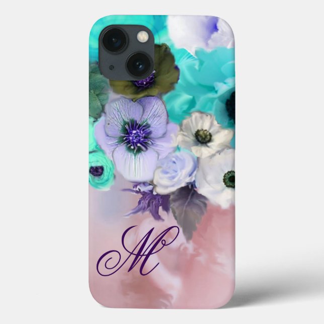 COQUES Case-Mate iPhone ROSES BLEU TURQUOISE, FLEURS D'ANÉMONE BLANCHES MO (Verso)