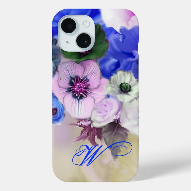 COQUES Case-Mate iPhone ROSES BLEUES BLANCHES ET FLEURS D'ANÉMONE MONOGRAM (Verso)