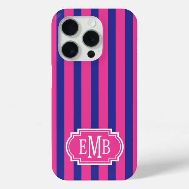 Coques Case-Mate iPhone Roses Chauds et Rayures Monogrammées Bleu Marine (Verso)