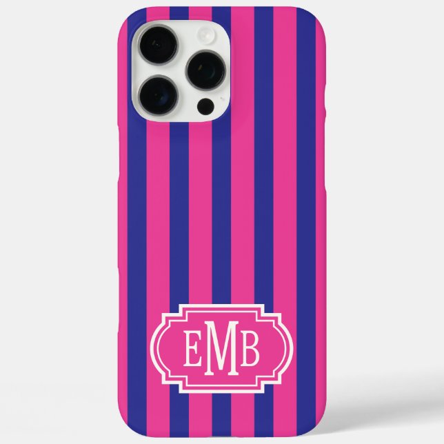 Coques Case-Mate iPhone Roses Chauds et Rayures Monogrammées Bleu Marine (Verso)