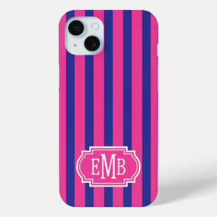 Coque Case-Mate iPhone Roses chauds et rayures monogrammées bleu marine