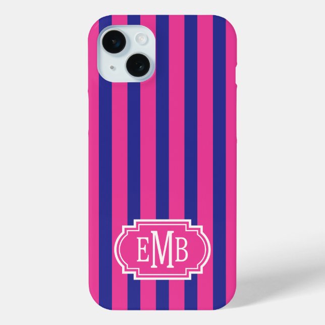 Coques Case-Mate iPhone Roses chauds et rayures monogrammées bleu marine (Verso)