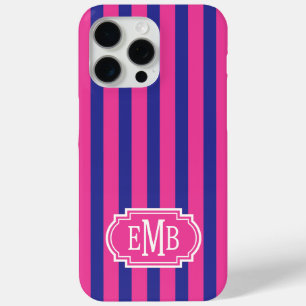 Coque Case-Mate iPhone Roses Chauds et Rayures Monogrammées Bleu Marine