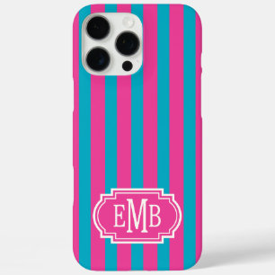 Coque iPhone 16 Pro Max Roses Chauds et Rayures Monogrammées Turquoise